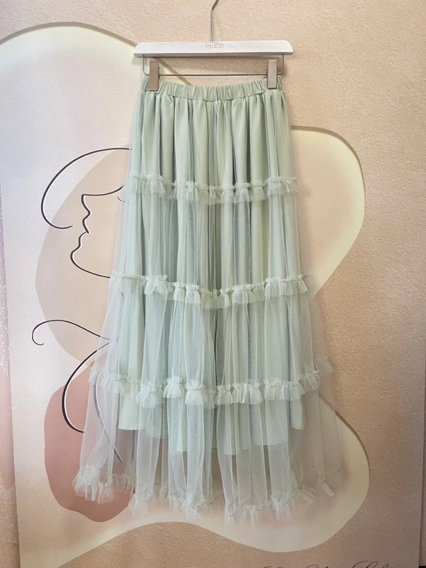 2025春夏新款小清新薄荷绿木耳边网纱半身裙女蓬蓬裙长裙