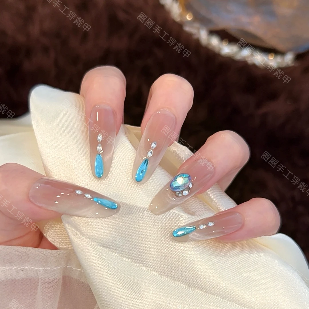 【海洋之心】新款纯手工穿戴甲高级轻奢穿猫眼戴美甲贴长款显白百搭