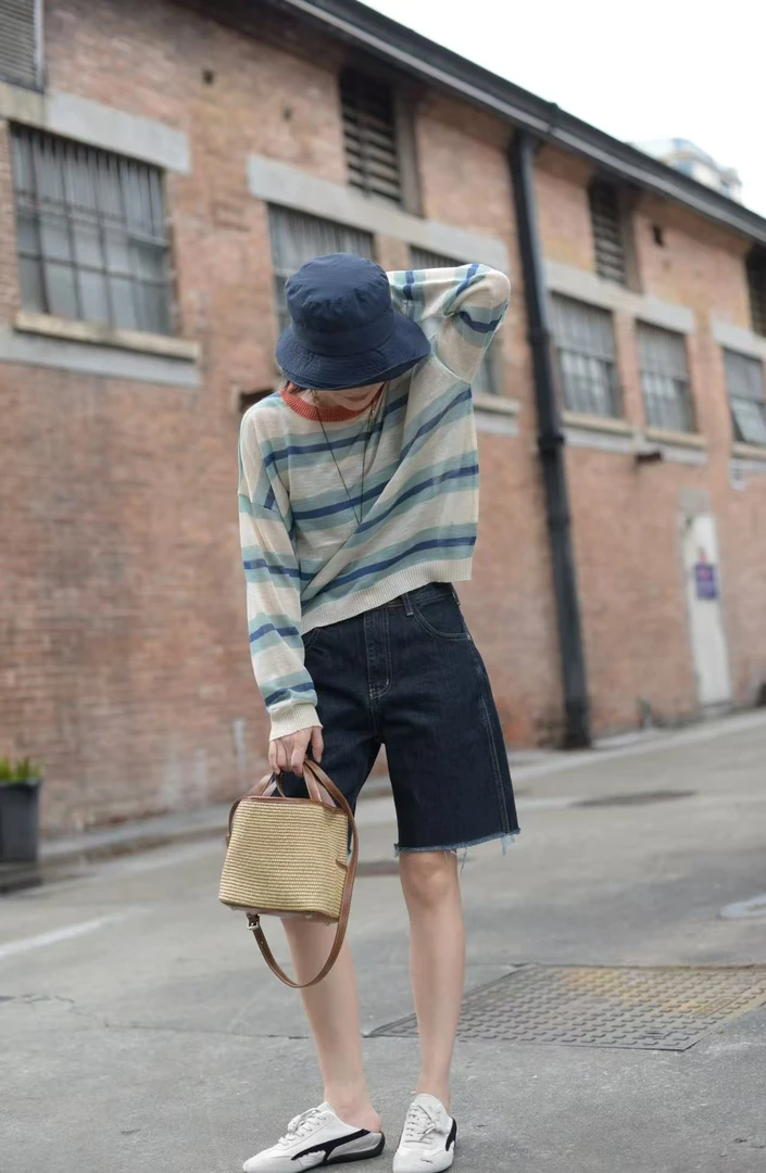 【秀秀新品】 毛边深色后装饰五分牛仔短裤夏季