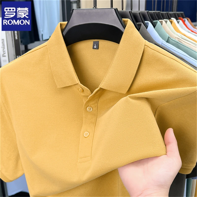 罗蒙夏季甄选长绒棉短袖T恤纯色透气翻领POLO衫中青年速干上衣