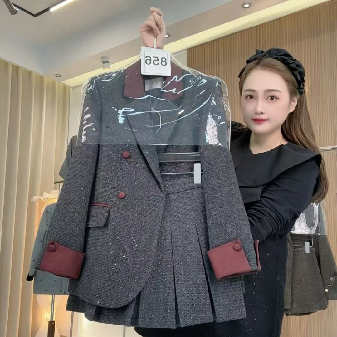 2025新款韩系灰色毛呢西装套装裙女秋冬款套装