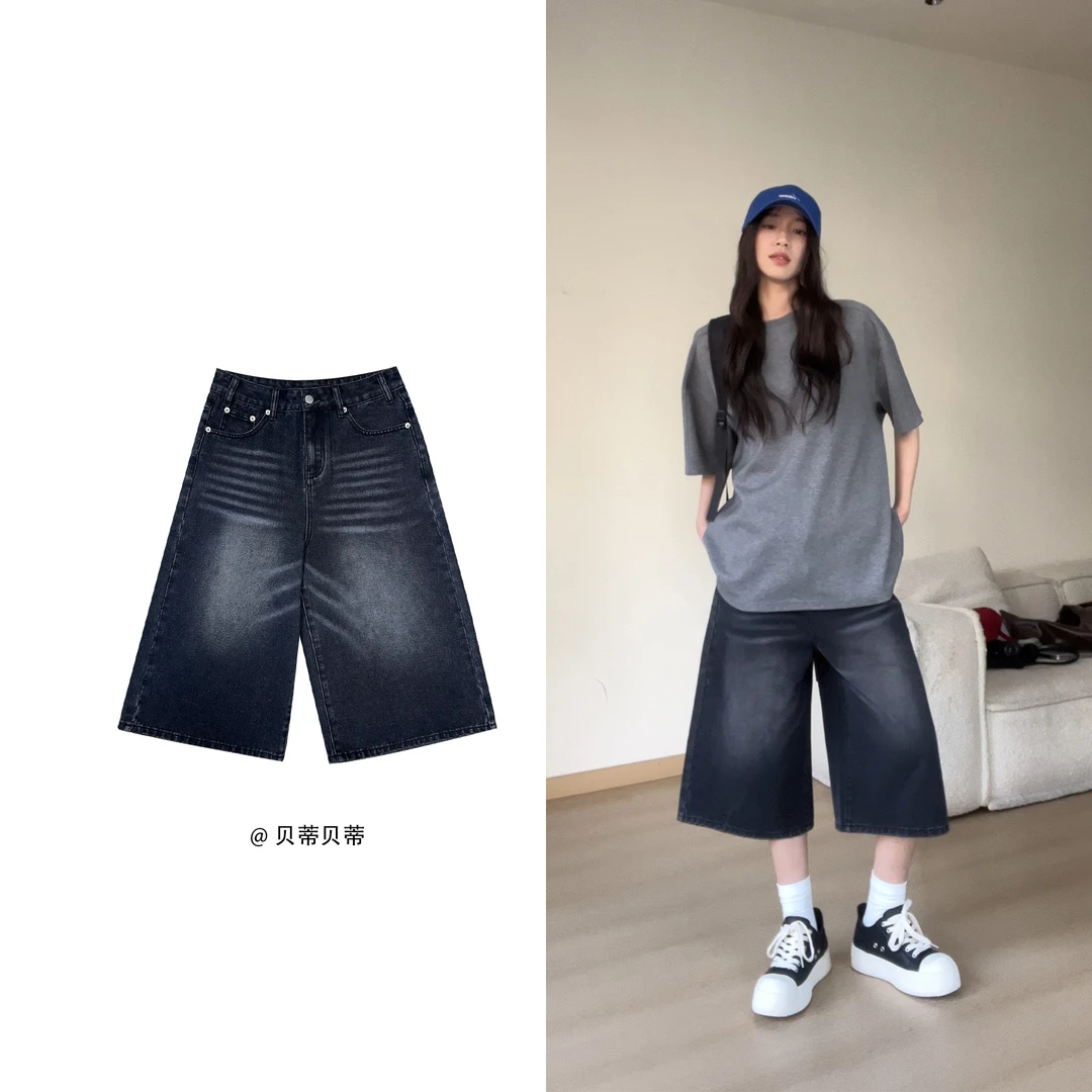 美式黑色洗水七分牛仔裤女2025年夏季新款复古中宽宽松直筒裤子