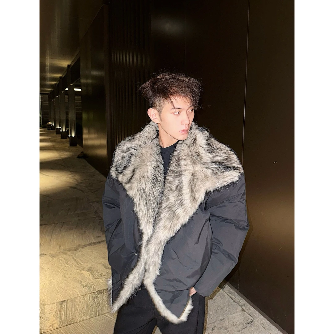 LINQCSEVEN/冬季时髦贵气大毛领貂毛外套男高级感痞帅加厚棉衣潮