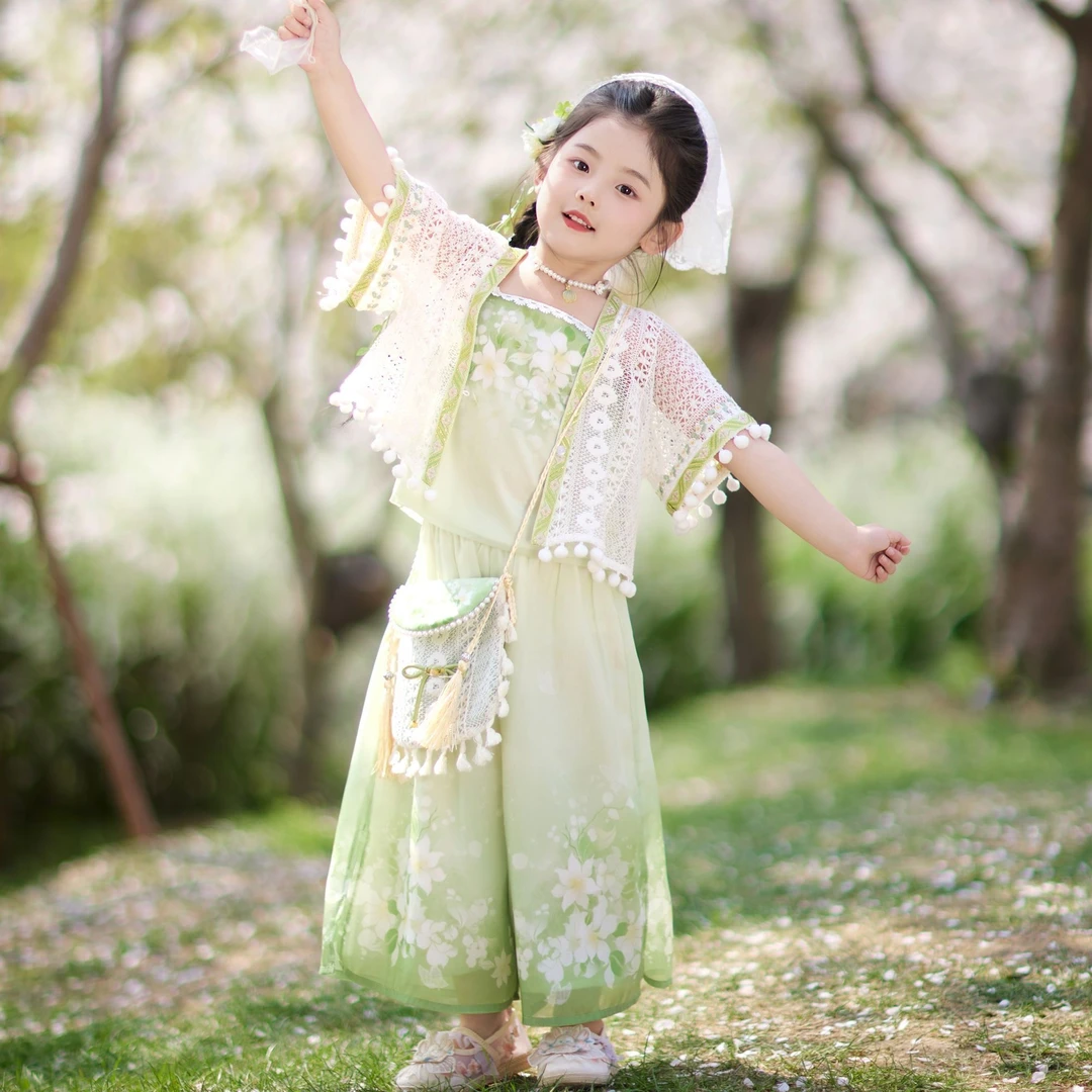 浅绿色汉服三件套女童夏款2025新款古装女宝新中式唐装古风裤装