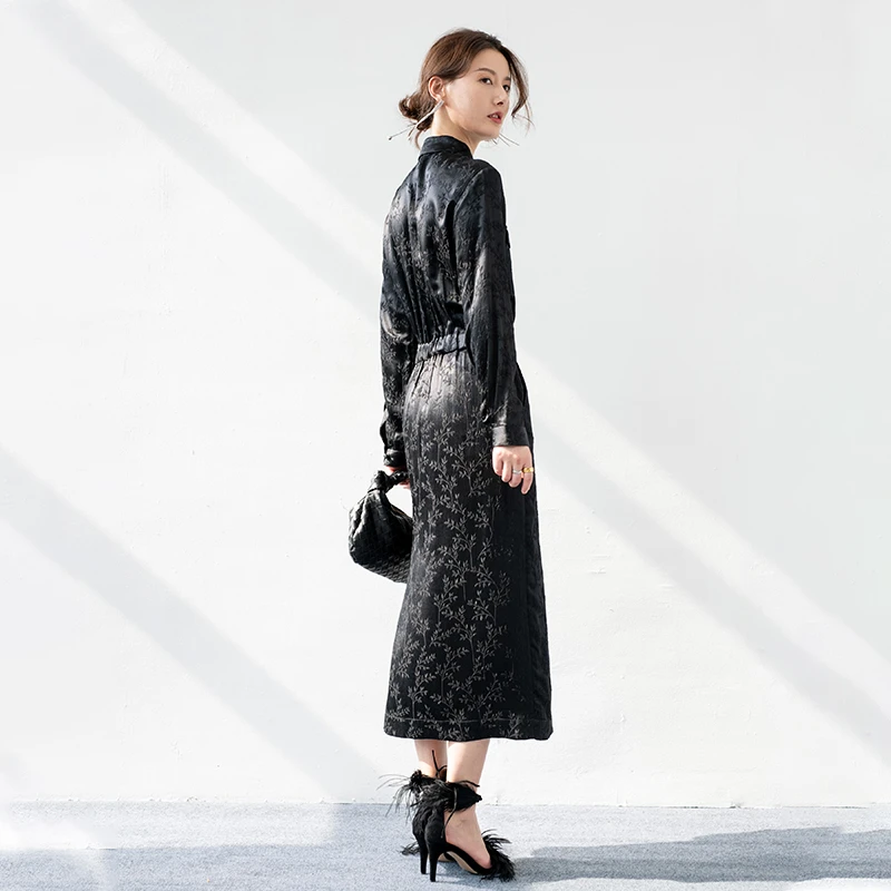 JADE SHADW/翡翠影设计高密提花收腰显瘦中长款连衣裙T1462