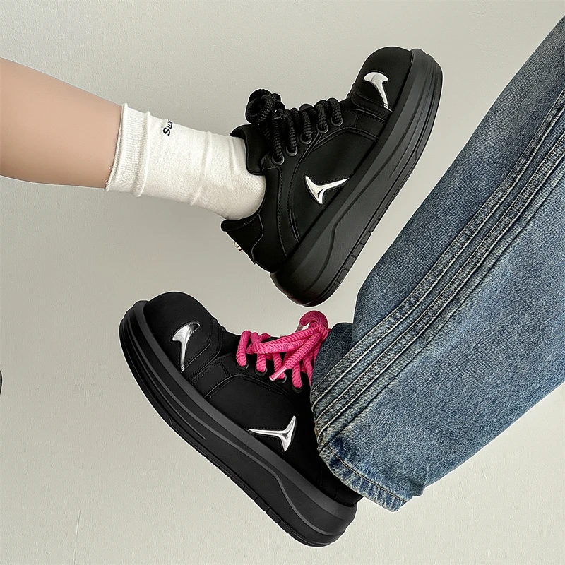 原创小众笑脸大头面包鞋男女款厚底增高情侣小黑鞋子休闲百搭板鞋