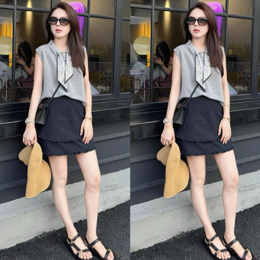 欧货设计感领带丝巾翻领针织无袖背心短袖T恤双层木耳边A字裙套装