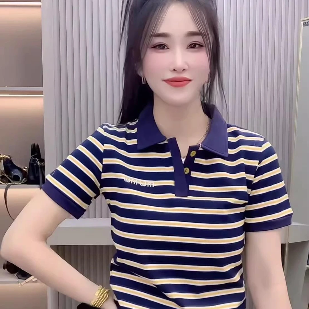POLO领条纹撞色正肩短袖T恤女修身显瘦洋气百搭夏季新款气质上衣