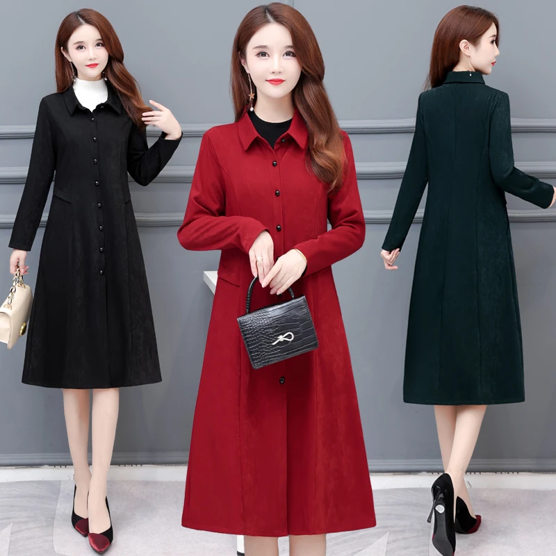 春秋季冰花绒风衣女大码中长款衬衫领八片显瘦外套中年单排扣大衣