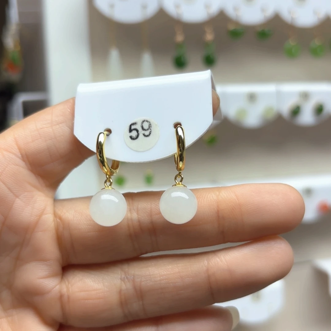 和田玉耳饰银S925镶嵌