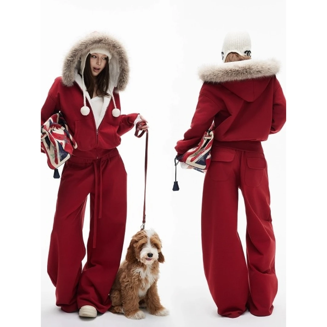 美式休闲风连帽环保毛领加绒卫衣外套+弯刀卫裤两件套女秋冬新款