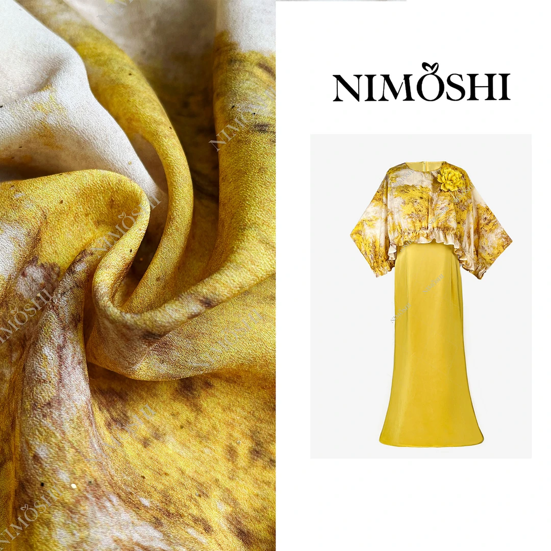 NIMOSHI【倩倩】新款贵族风黄色晕染花边摆袖气质显瘦连衣裙Q2210