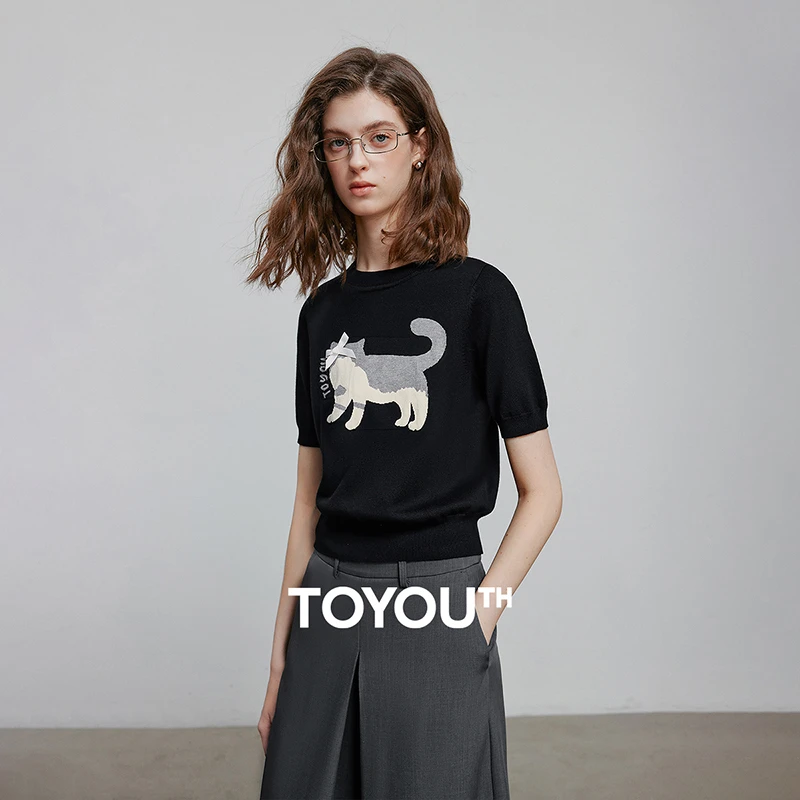 初语蝴蝶结猫咪提花针织衫25夏气质圆领上衣8523132