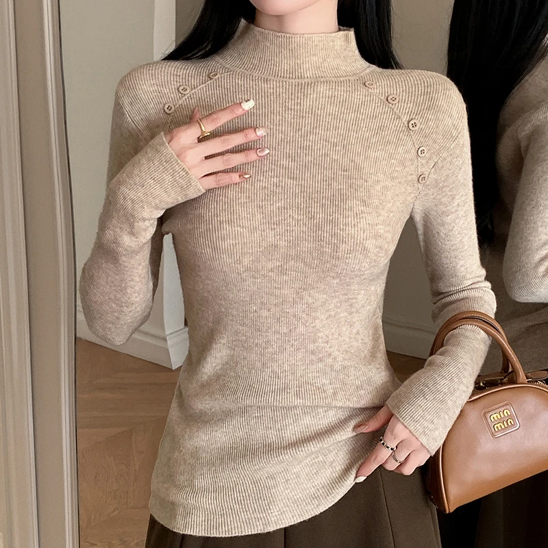 时尚简约高领长袖针织衫女秋装2025年秋季新款修身内搭打底衫上衣