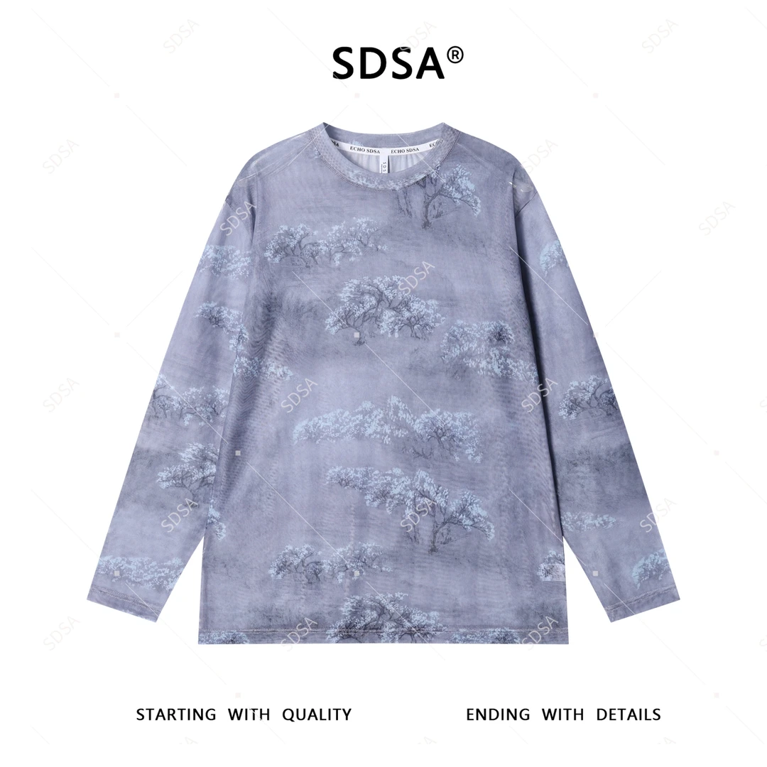 SDSA秋季新款男士痞帅设计师树木图案设计圆领长袖T恤百搭时尚潮