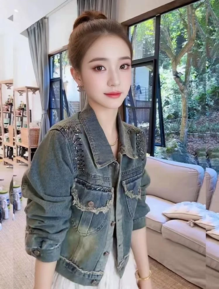 短外套街头风上衣宽松型防风长袖百搭重工钉珠韩版水磨牛仔衣显瘦