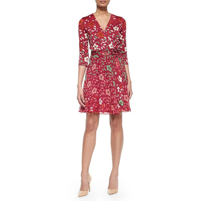 连衣裙新款夏季荷叶边百褶裙雪纺碎花裙红色女装裹身裙优雅气质时