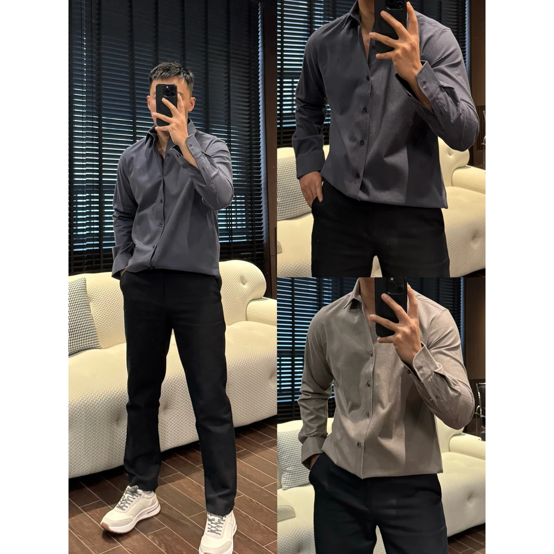 【100%棉/一片领长袖衬衣】秋冬男士植绒磨毛简约百搭时尚衬衣+2457