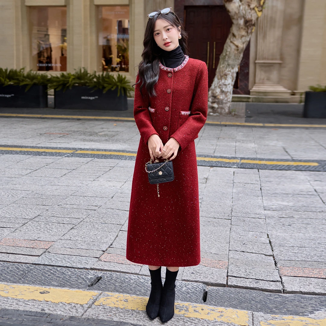 富家千金风时尚小香风套装女高级感减龄婆婆红色喜妈结妈婚宴礼服