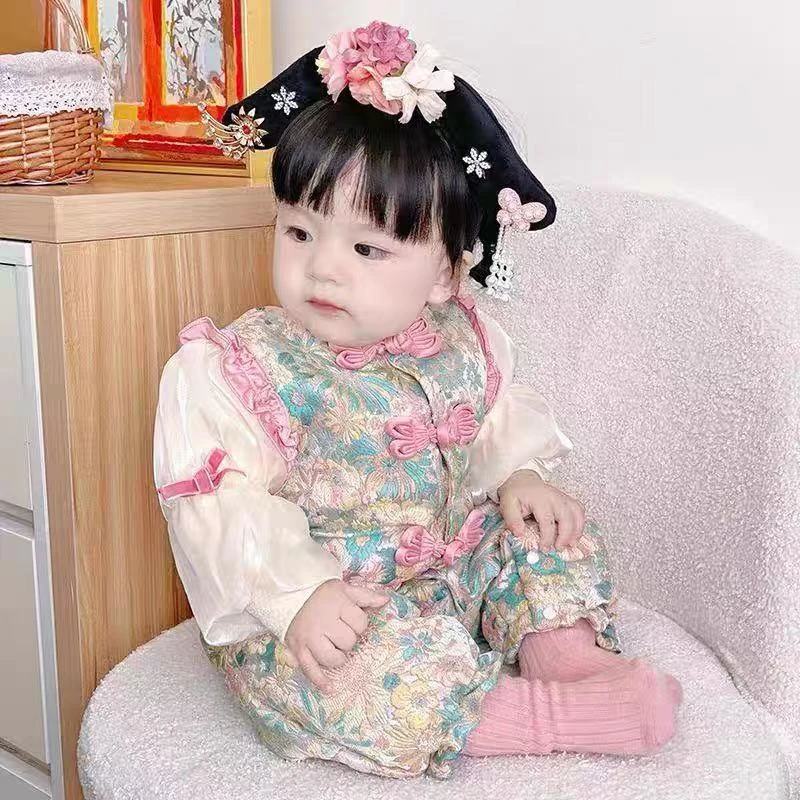 婴幼儿春秋长袖双层满印花纱袖女宝洋气连体衣