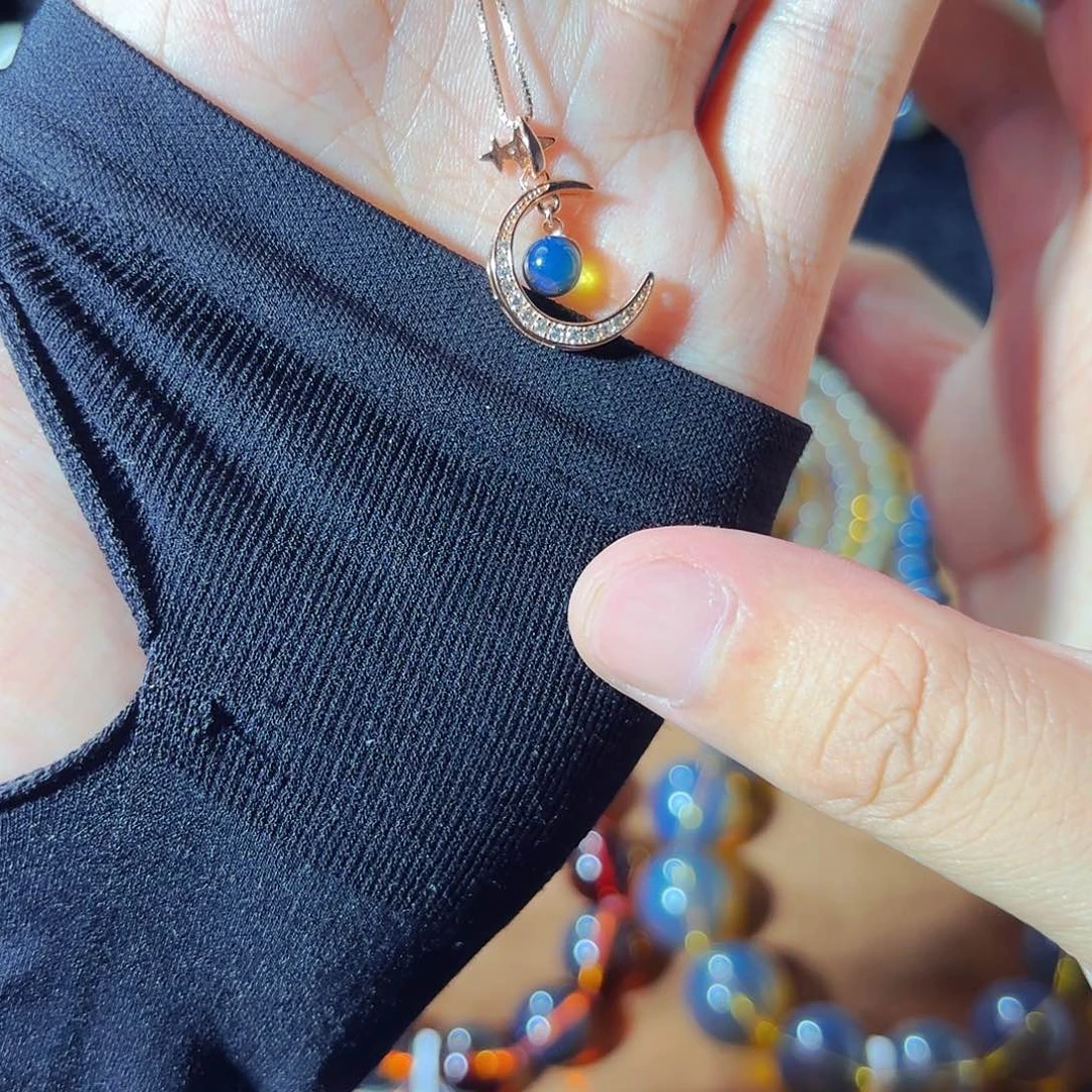 银S925镶嵌琥珀裸石5mm多米尼加蓝珀吊坠