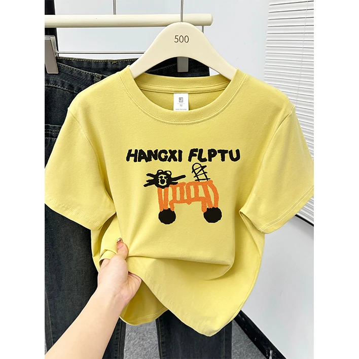 夏季新款韩版chic猫咪印花设计感大码女装正肩圆领短袖t恤上衣服