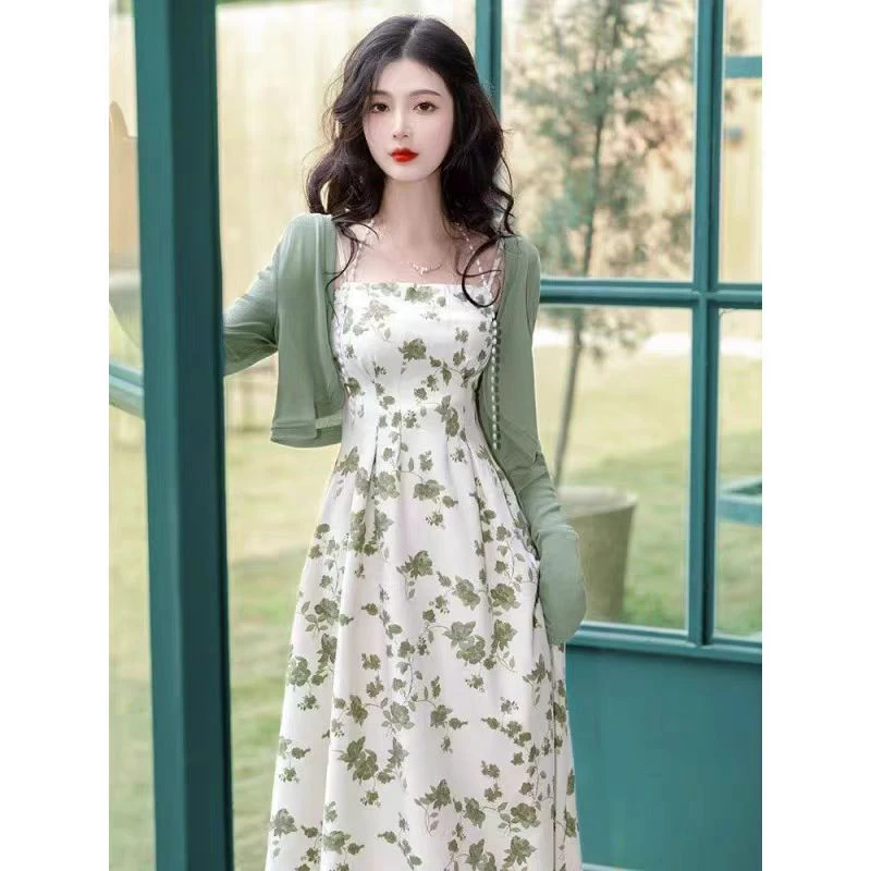 法式方领复古夏季甜美中长款气质小众碎花连衣裙长裙裙子C3-0502