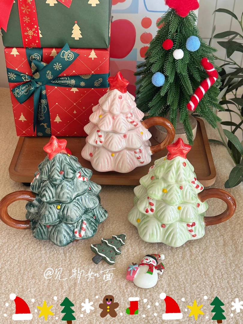 圣诞礼物！圣诞树造型陶瓷马克杯创意把手水杯女生礼物盖杯咖啡杯