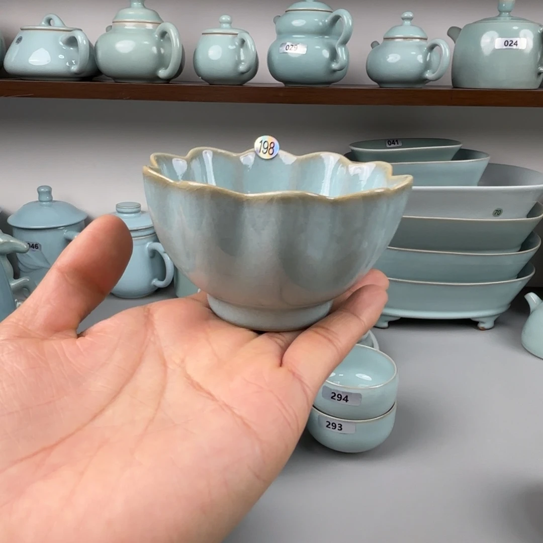 摆件陶汝瓷莲花杯支钉烧天青釉孤品198