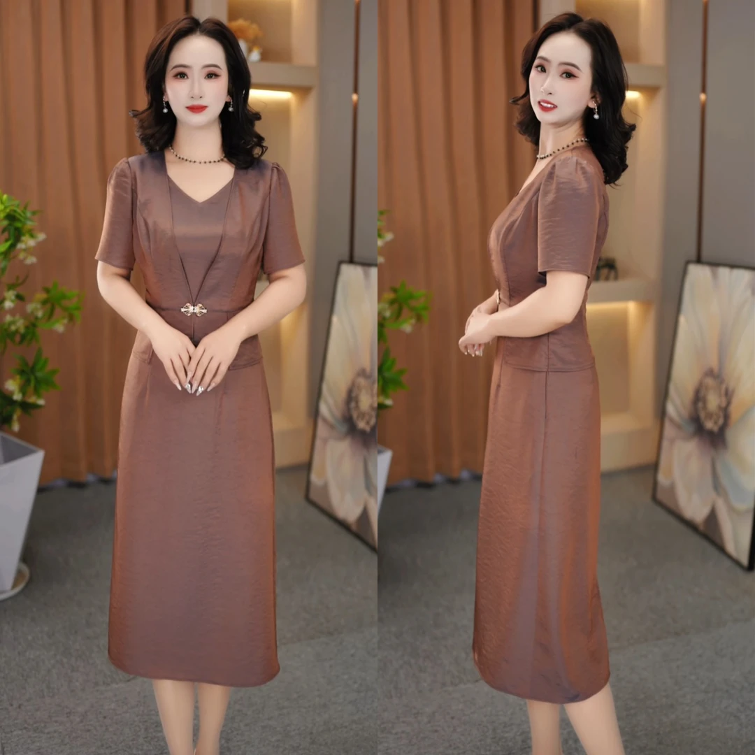 2025夏季新款气质妈妈装时尚百搭显瘦收腰假两件连衣裙M-5XL