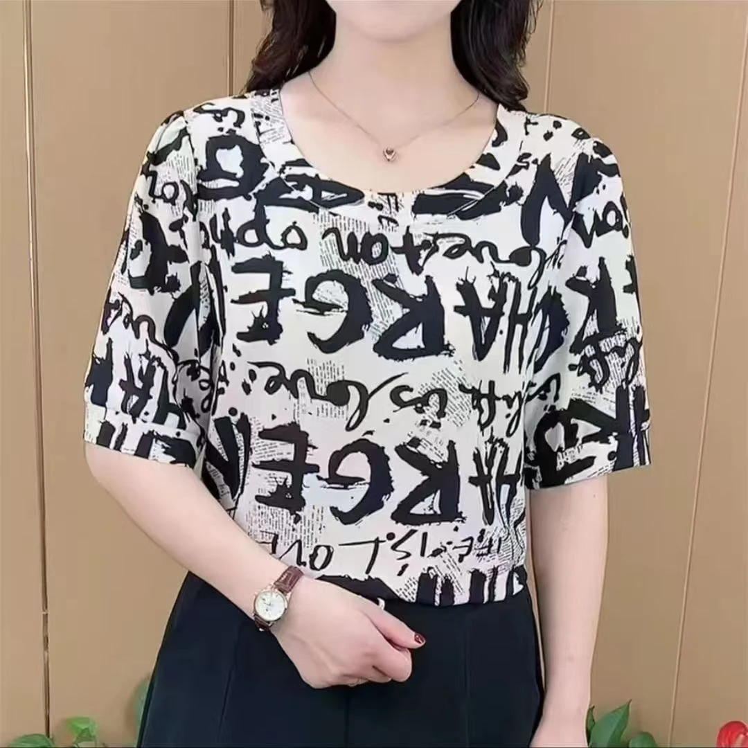 女士遮肚短袖新款妈妈中年宽松高档小衫中年人女士t恤短袖