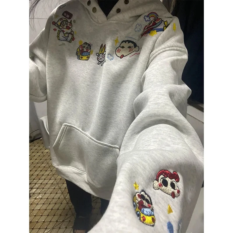 美式复古原版重工刺绣小新连帽卫衣女秋冬新款加绒加厚百搭外套潮