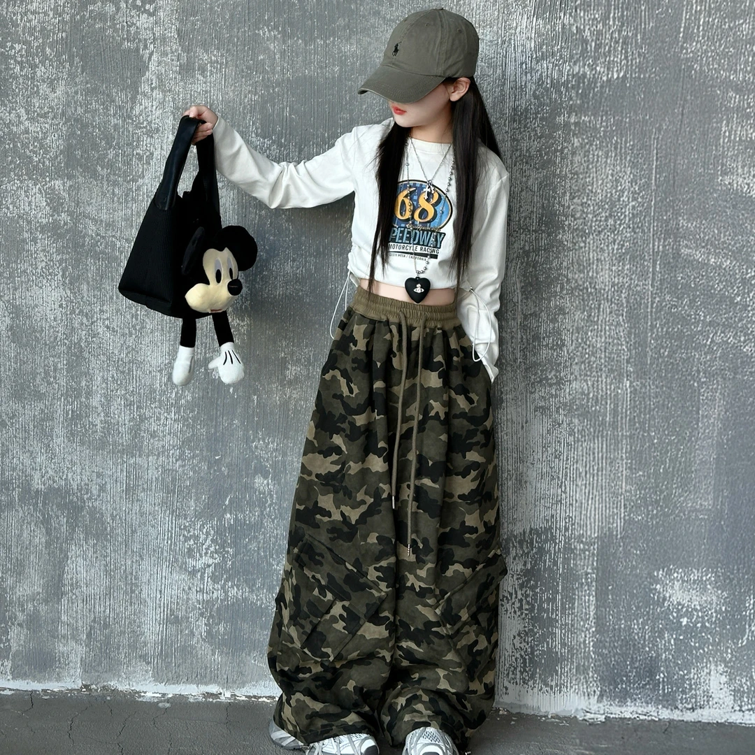 女童春秋款迷彩工装裤2025新款儿童洋气时髦阔腿裤中大童休闲裤子
