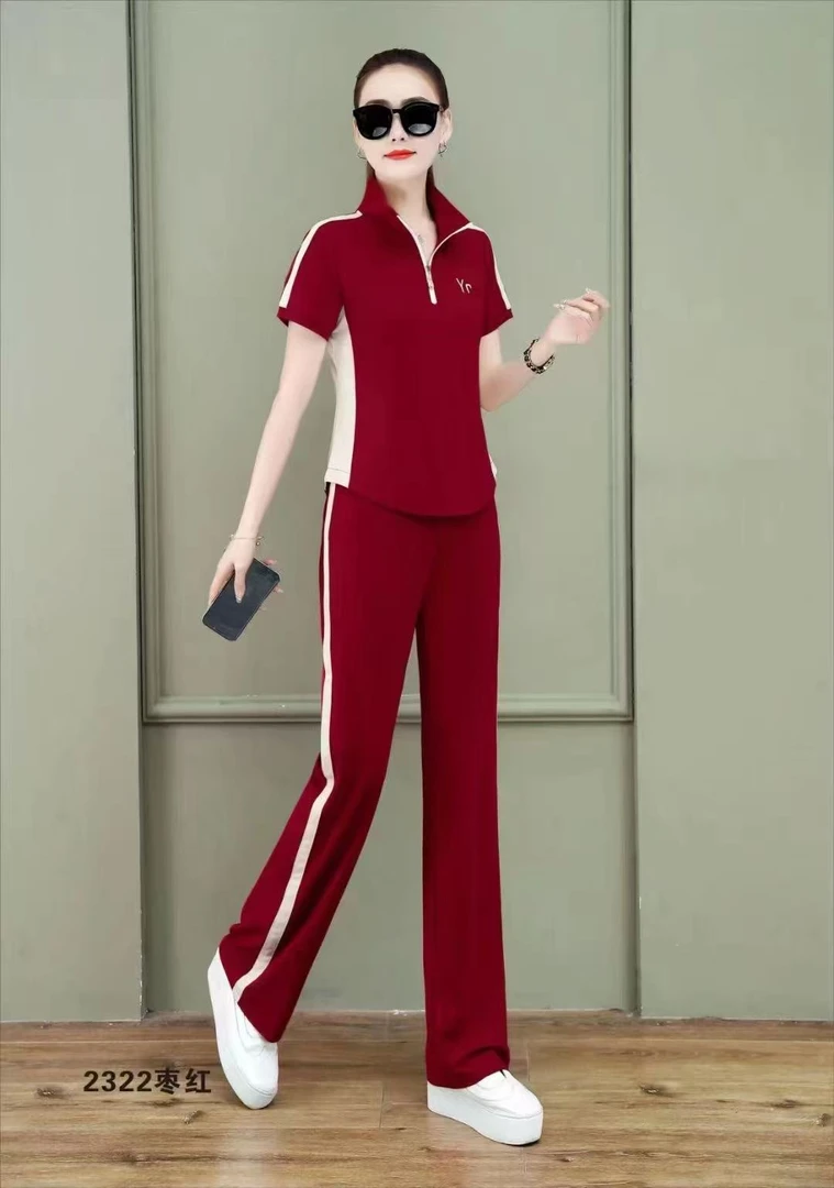 夏天冰丝运动休闲套装女2025新款时尚印花短袖妈妈减龄2322