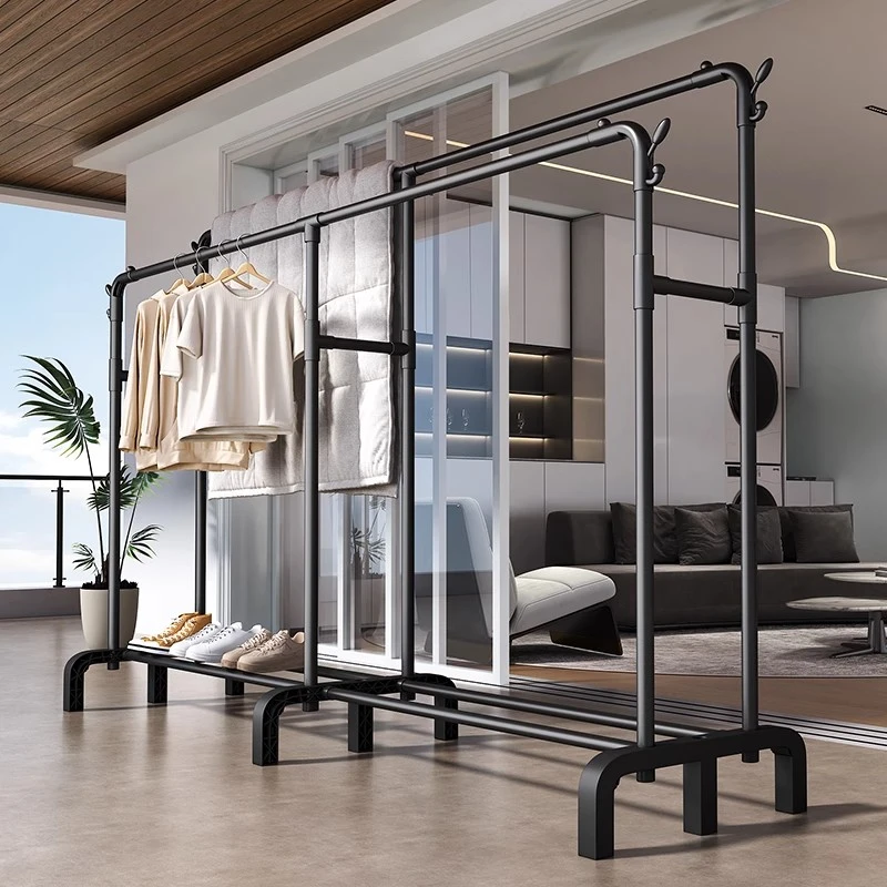 加送双排挂衣新款简易晾衣架子落地可移动晾衣杆阳台晾衣神器