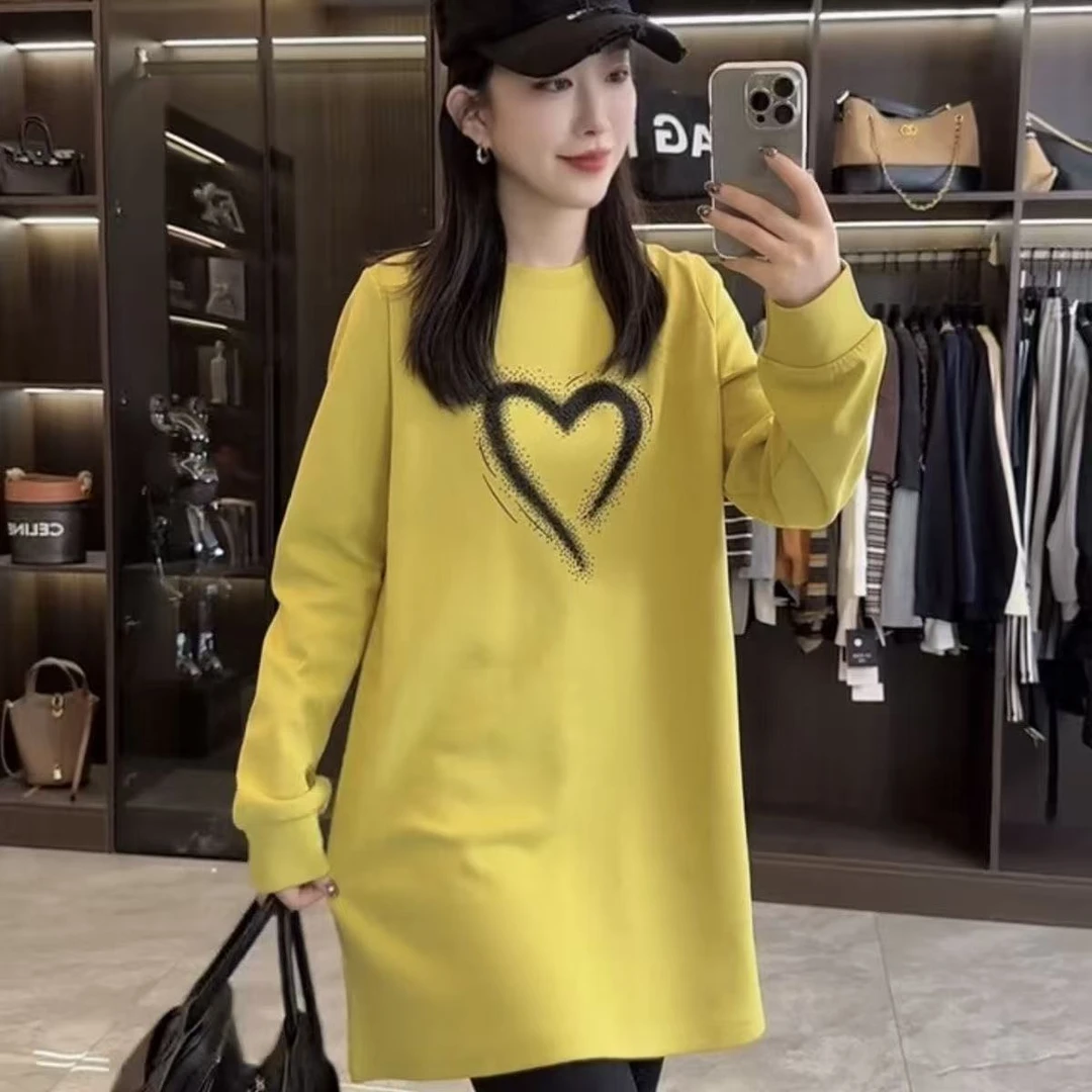 2025新款休闲洋气爱心圆领长袖卫衣中长款宽松遮肉爆款气质上衣潮