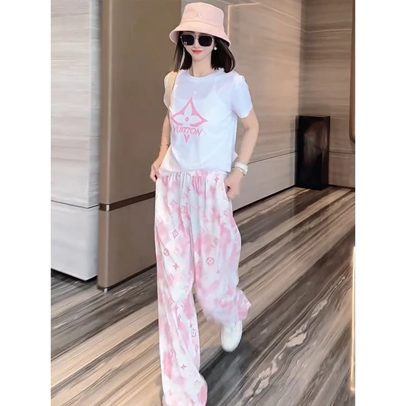 简约字母印花圆领短袖T恤长裤套装女夏韩版高腰显瘦休闲裤两件套