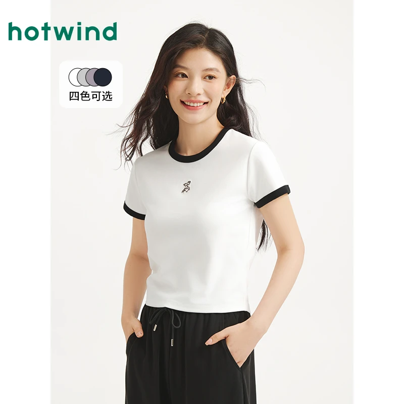热风女士短袖T恤上衣2025年夏季新款撞色小狗动物印花正肩T恤内搭
