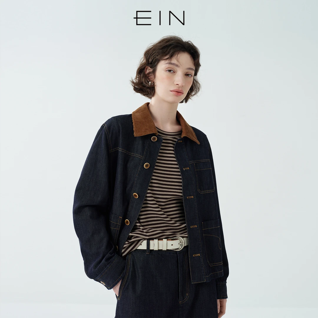 EIN/言复古丹宁巴恩风灯芯绒翻领牛仔短外套女2025早秋新款