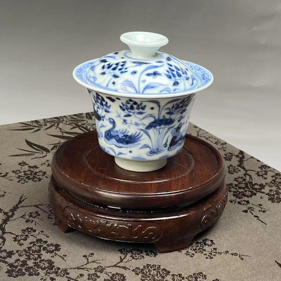 【雅玩茗敬】青花莲池鸳鸯戏水纹迷你盖碗（带内绘）