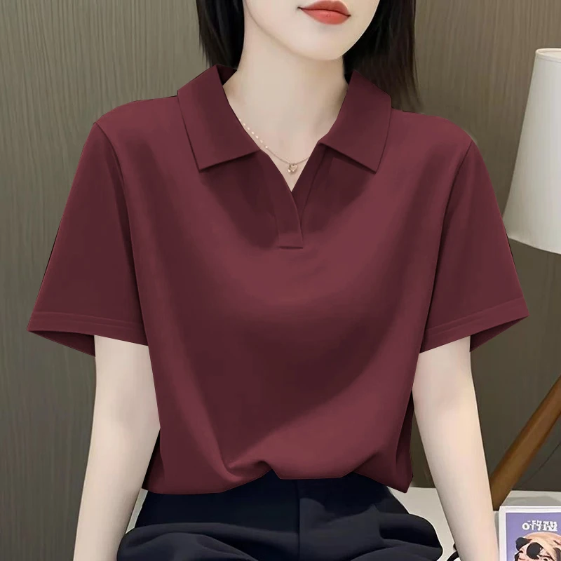 新款休闲文艺百搭大码夏季宽松纯棉纯色翻领上衣短袖T恤polo衫女