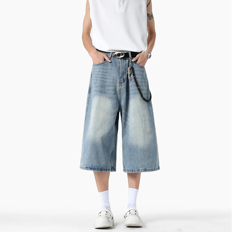 2025春夏新款美式宽松直筒七分牛仔裤男女潮牌阔腿百搭短裤子