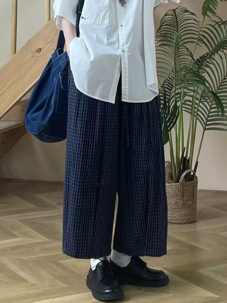 夏季新款日系复古学院风松紧腰抽绳格子宽松九分阔腿裤2592