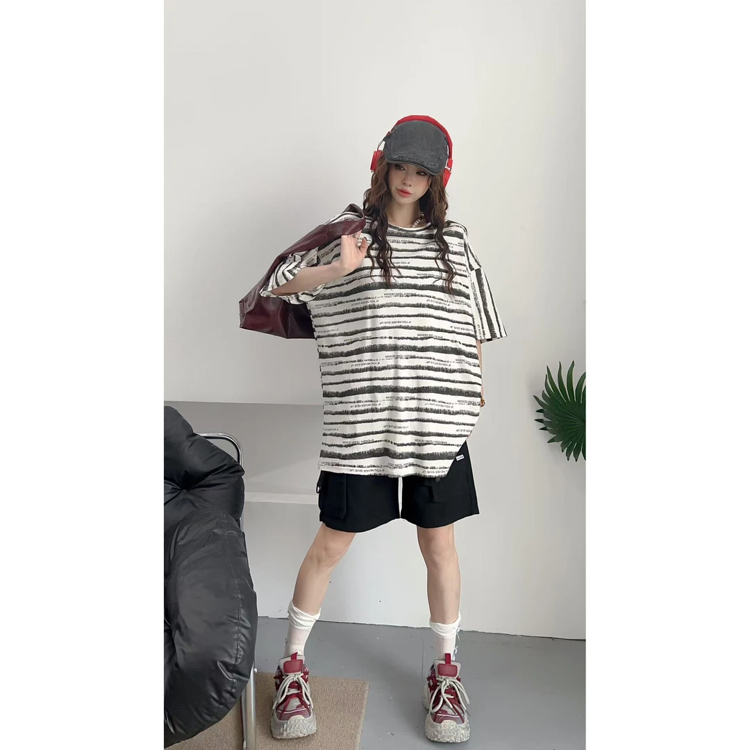 黑白条纹春夏短袖时尚条纹圆领中长款斑马编织女纯棉T恤