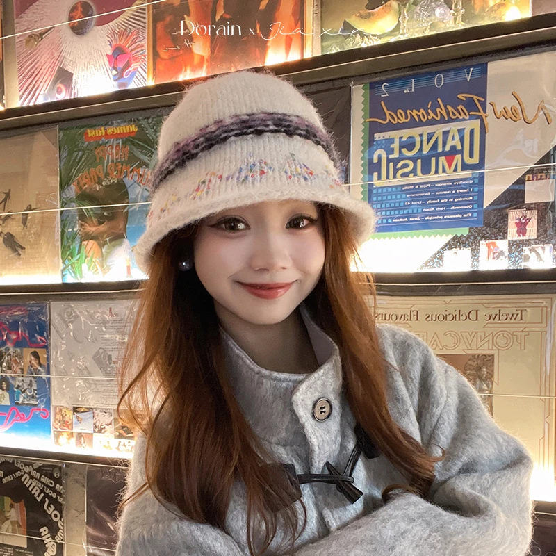Dorain朵澜日系复古提花针织渔夫帽女秋冬百搭保暖水桶帽毛线盆帽