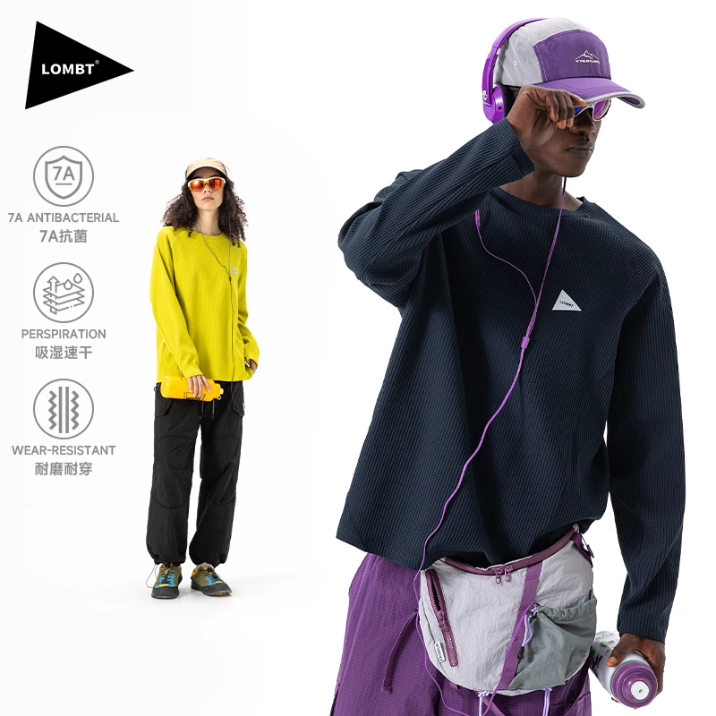LOMBT户外吸湿速干华夫格运动宽松透气长袖T恤男女秋季抗菌上衣