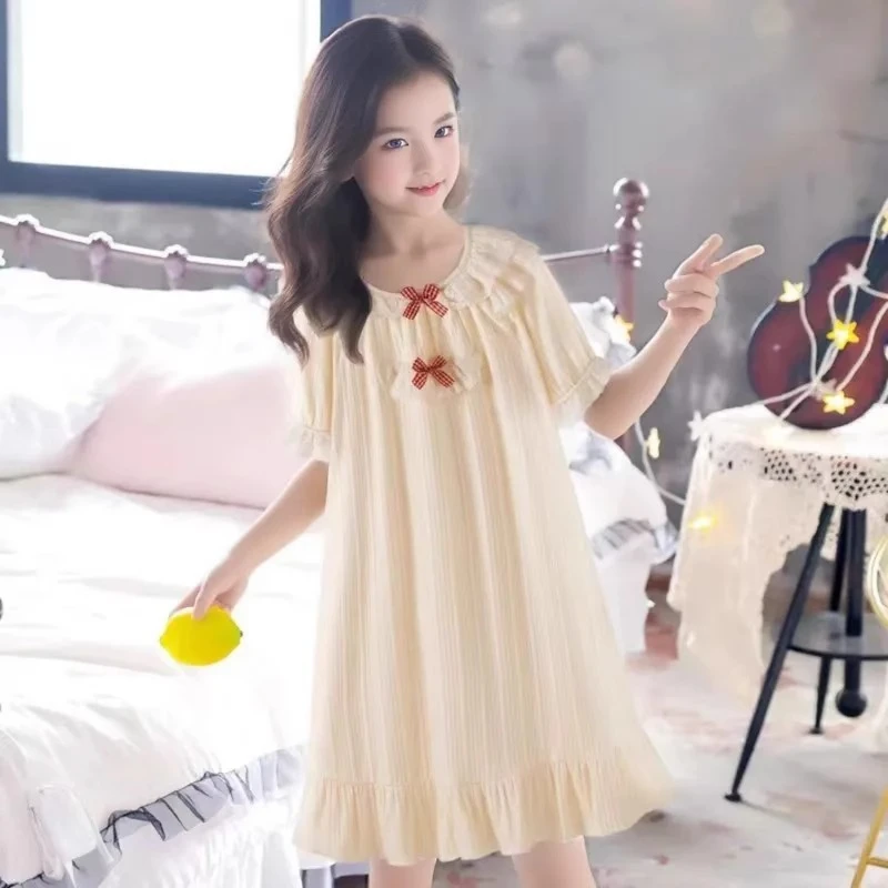 夏季新款公主风短袖女童睡裙宽松女孩睡裙休闲中大童睡衣连衣裙子