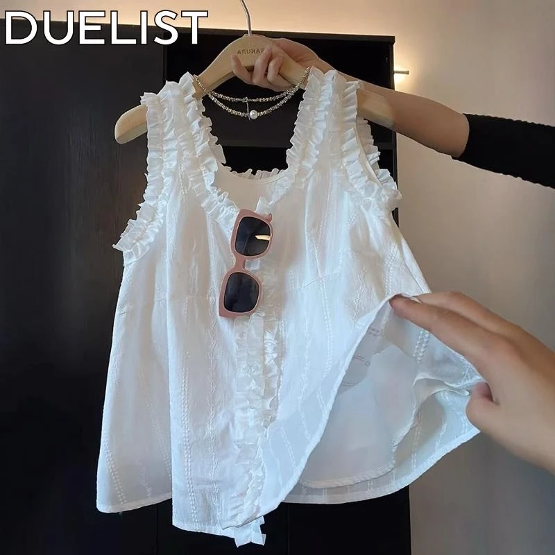 DUELIST法式白色木耳花边无袖衬衫女夏宽松小个子吊带娃娃衫上衣