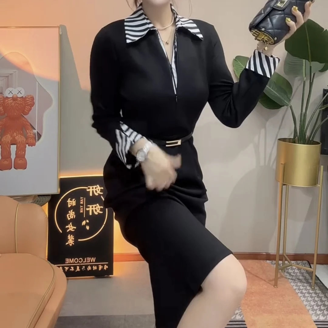 新款秋季通勤设计感拼接衬衫领气质连衣裙