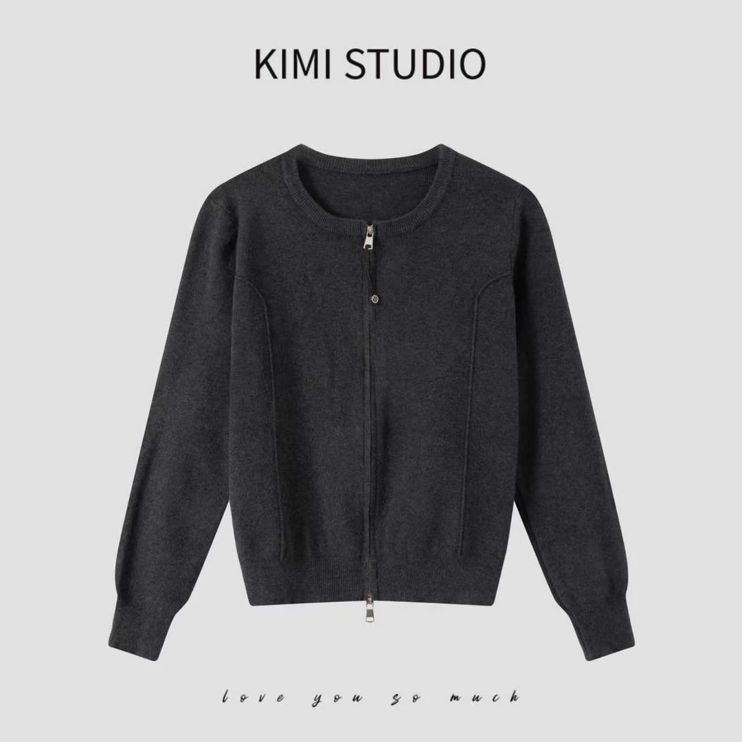 韩版休闲百搭长袖上衣女早秋双拉链细针显瘦圆领针织开衫AW25467